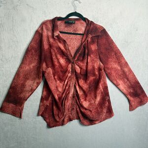 Woven Red Ruched Button-Front Women's Top